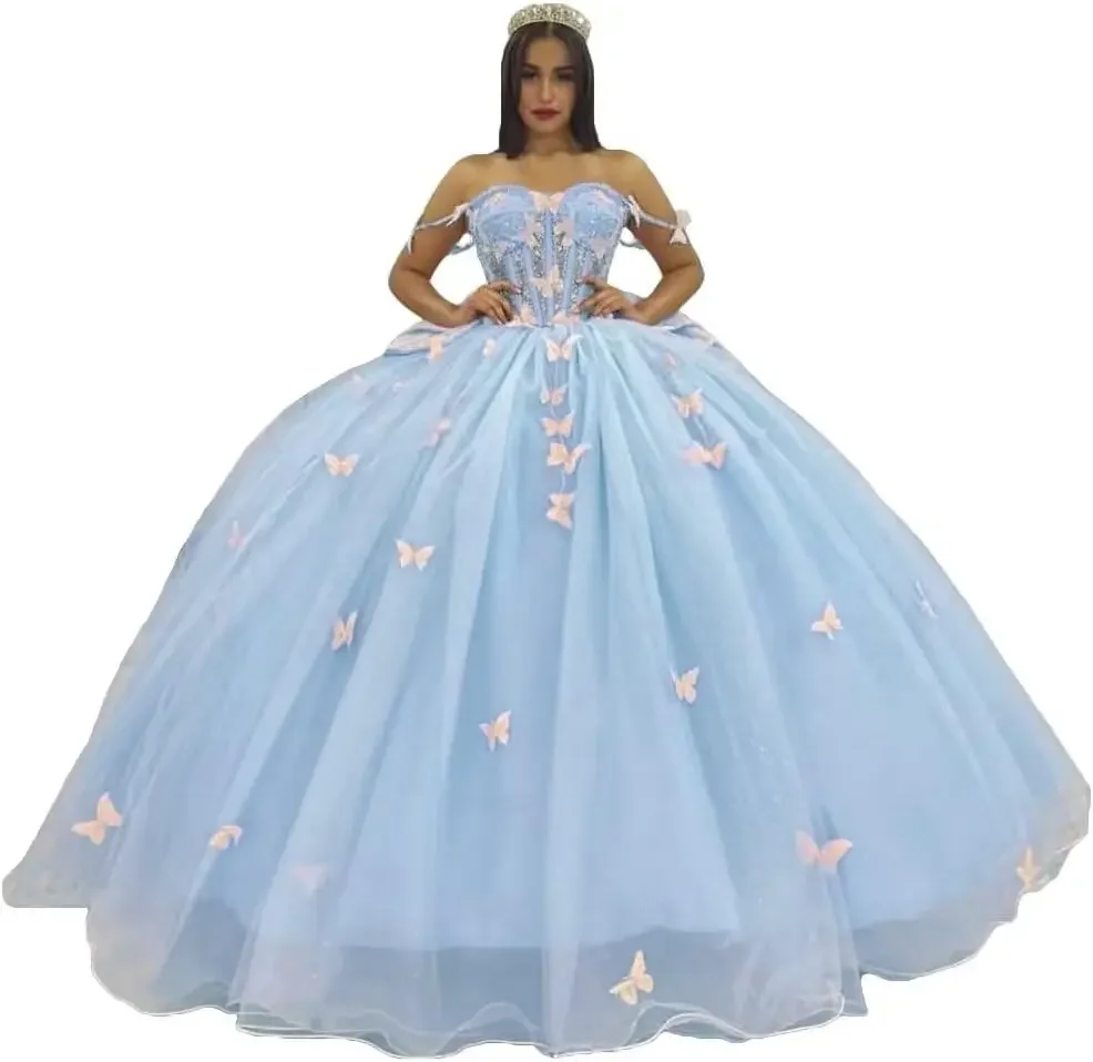 3D-Schmetterlings-Quinceanera-Kleid mit Schleife, Schleppe, Spaghettiträger, süße 15-16-Ballkleider, glitzerndes Vestido de 15 Años