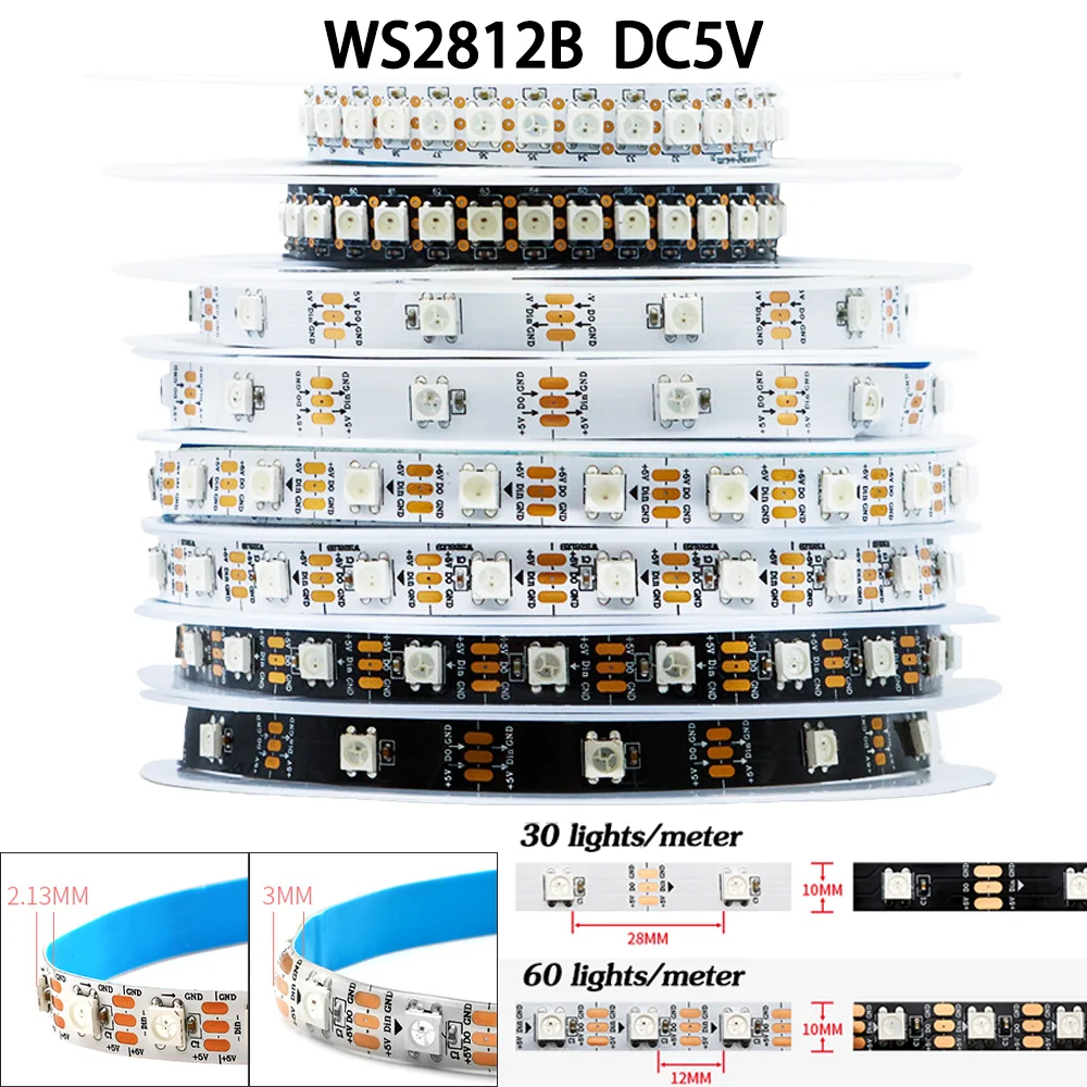 DC5V WS2812B Led Lights RGB Led Strip Light Individually Addressable Smart Pixels Magic Light Black White 30/60Leds/m 5M Lamp
