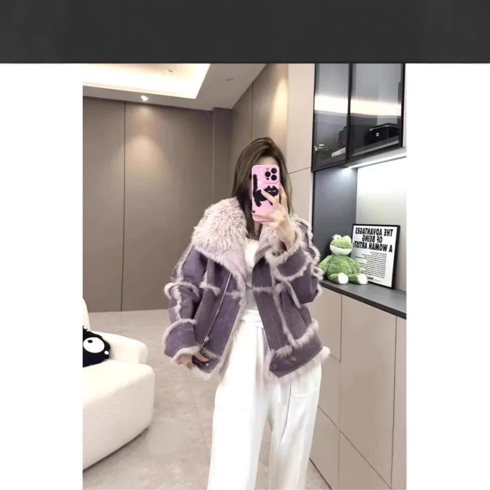 2024Winter Short Style Fur Women Sheepskin Jacket Suede Fabric100%With Natural Rabbit Lining Natural Wool Collar Fallow Fur Coat