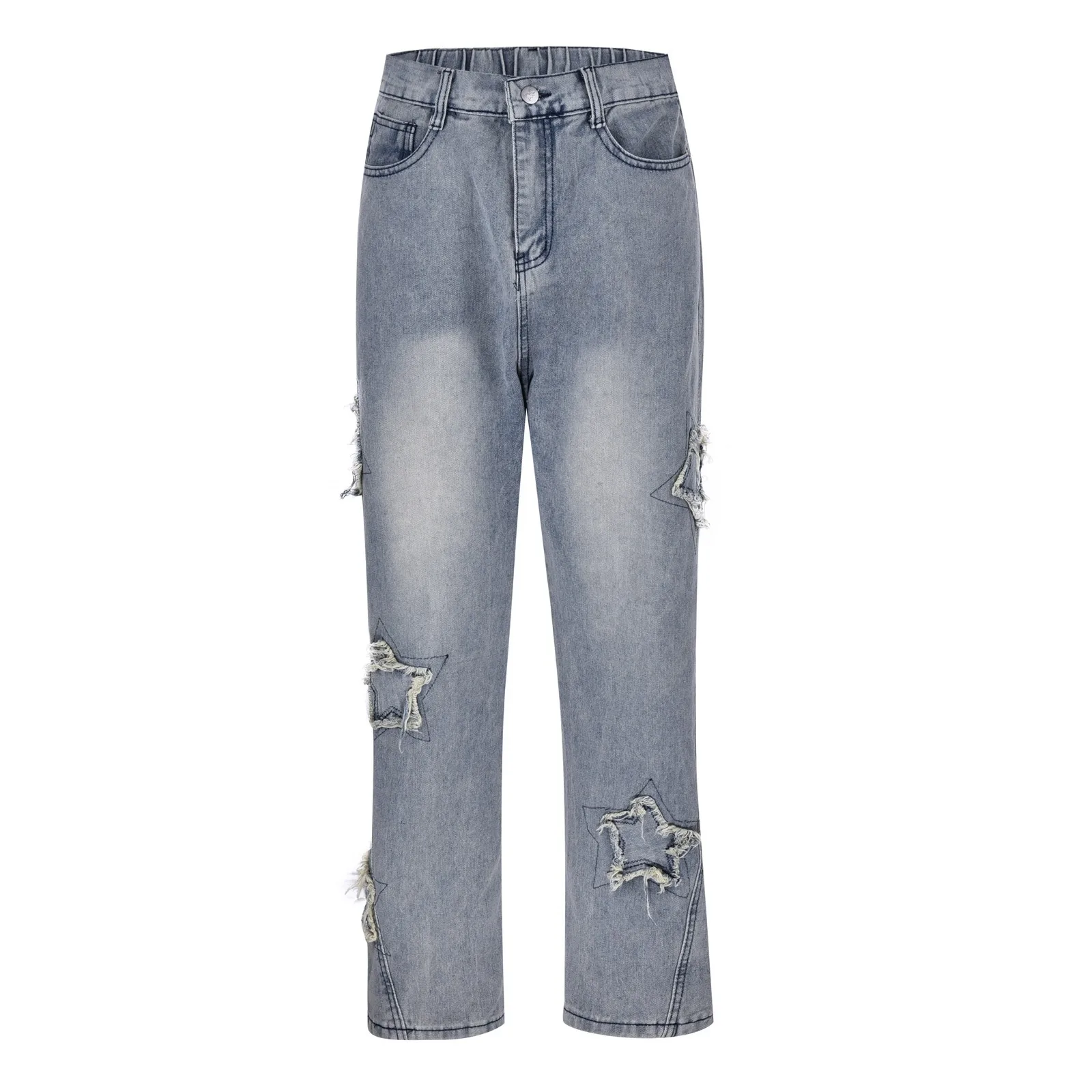 Jeans a gamba larga con toppa a stella a cinque punte primavera autunno Pantaloni in denim retrò alla moda di High Street Pantaloni lavati in vita elastica da donna