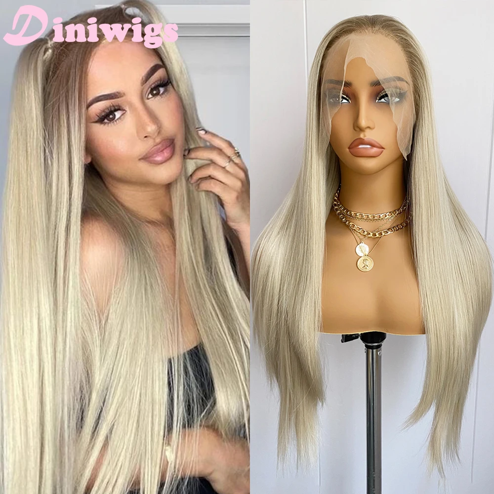 Diniwigs أومبير شقراء الدانتيل شعر مستعار أمامي 13X4 الاصطناعية طويلة شعر مستعار مستقيم جذور البني الباروكات الملونة للنساء يوميا مقاومة للحرارة #1