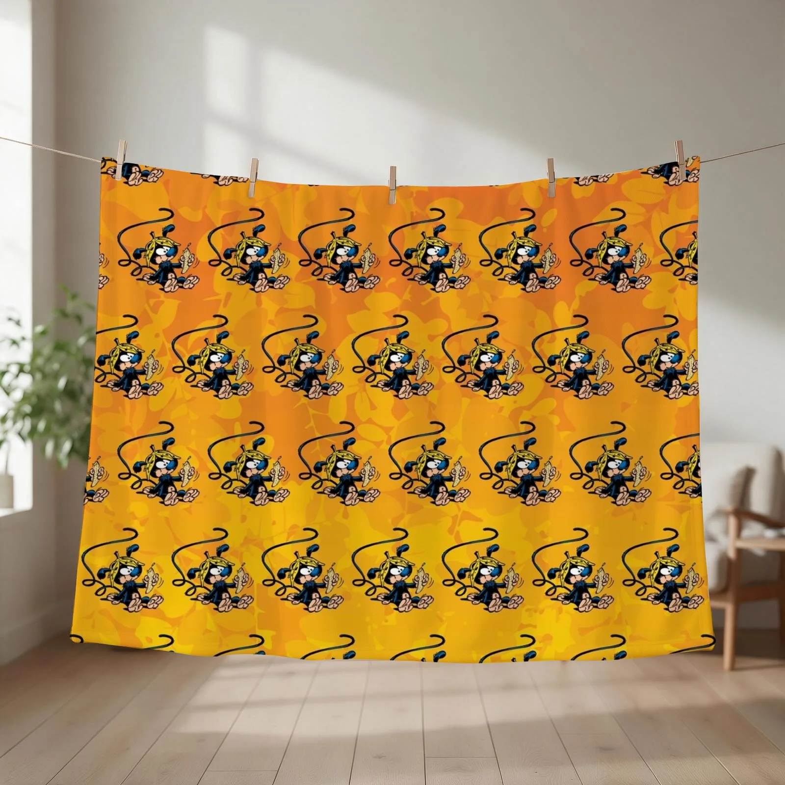 Marsupilami baby eating banana / Orange design / Pattern Throw Blanket Travel Flannel Fabric anime Blankets