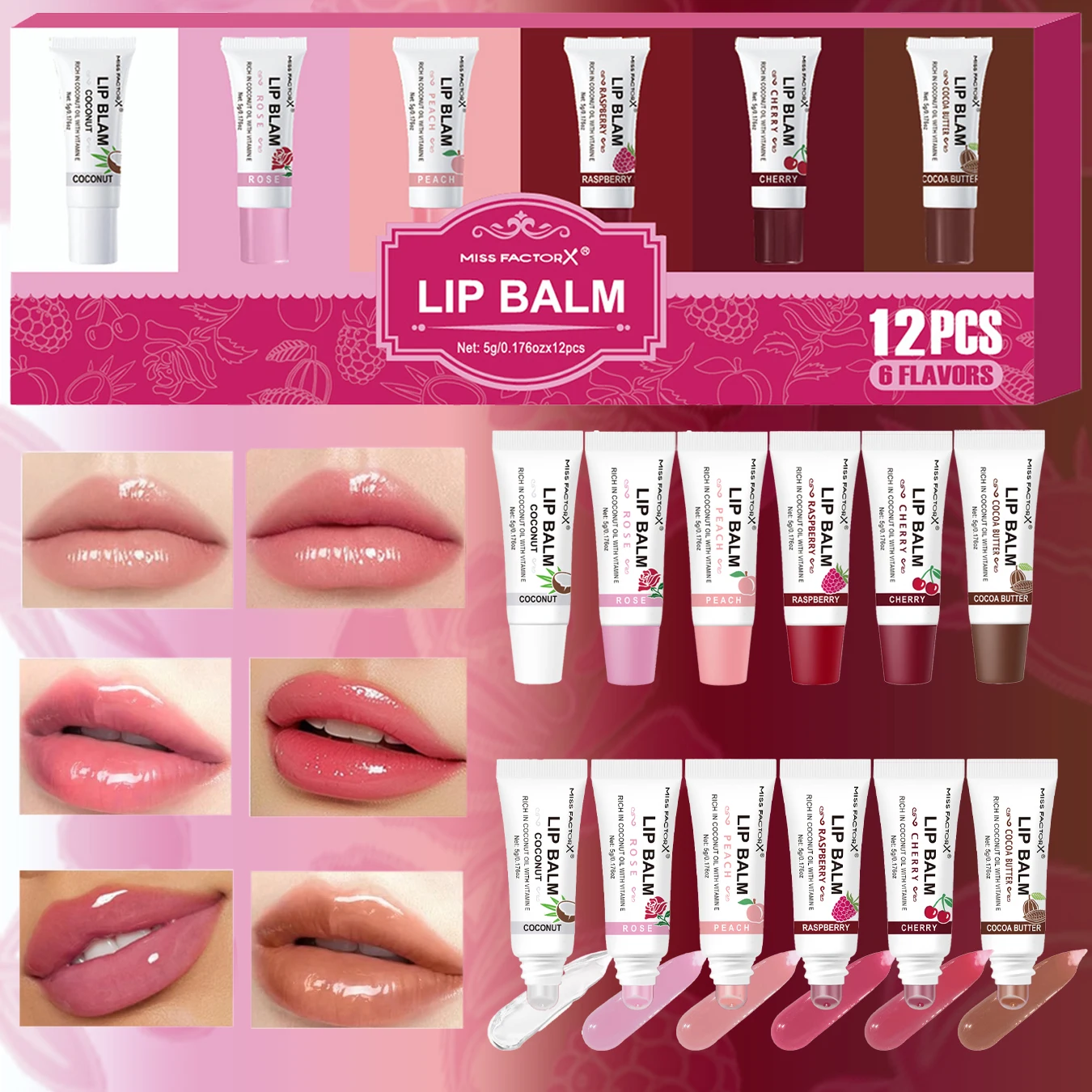 Juego de 12 Uds de aceites labial con 6 sabores: sabores de aceite de coco, rosa, melocotón, frambuesa y cacao, brillo hidratante, fortalecedor de labios