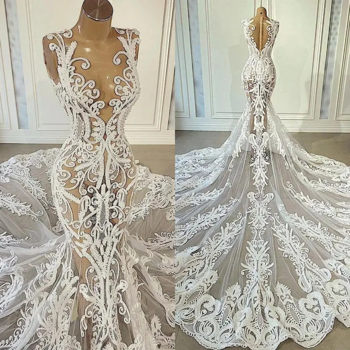 

Sexy Mermaid Customized Wedding Dresses Bride Gowns Lace Appliqued African Nigerian Court Train Custom Made vestido de novia