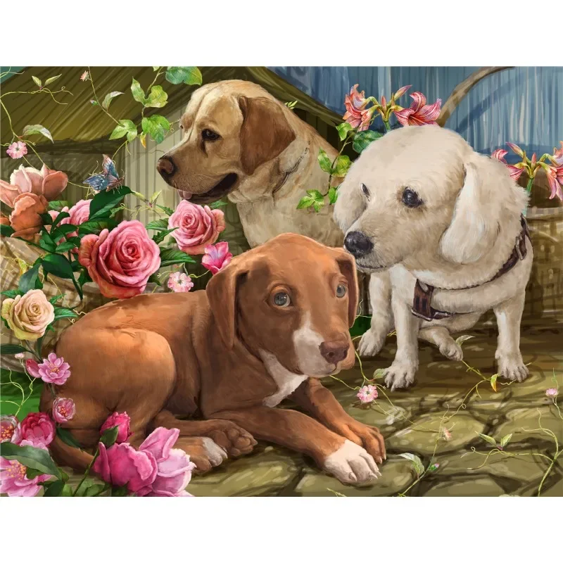 100 Pieces Jigsaw Puzzle Assembling Picture Cartoon Animals Three Dogs with Flower Decompression Puzzles Toy Educational Gifts