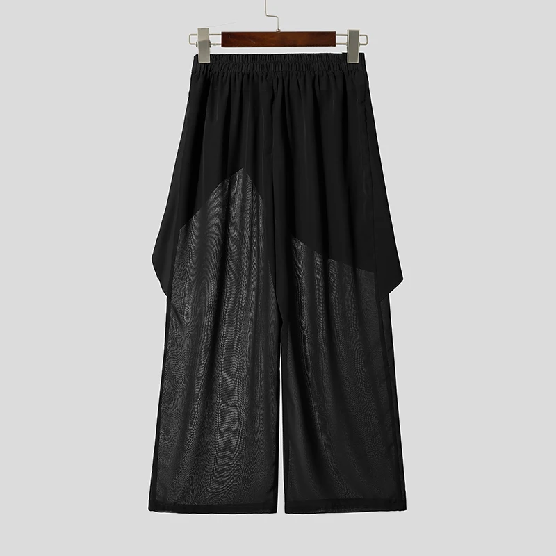 INCERUN Men Pants Mesh Patchwork Wide Leg Trousers For Man Streetwear Loose See Through 2026 Fashion Irregular Pants Pantalones