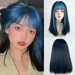 GAKA Synthetic Blue Mix Medium Length Women Straight Wig with Bangs Natural Lolita Cosplay Hair Wig for Daily Party