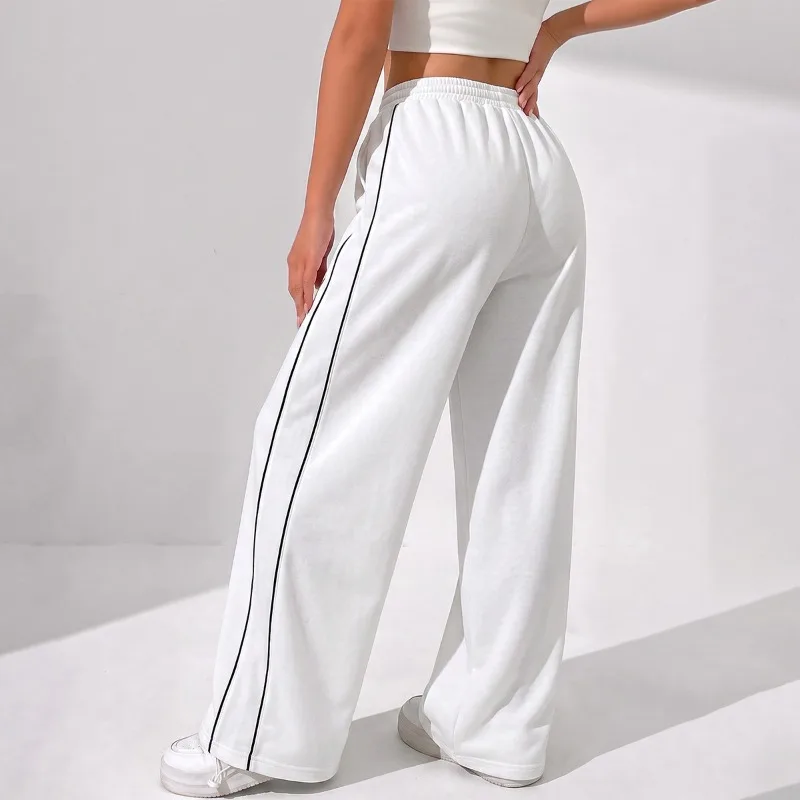 Women Solid Wide Leg Sports Pants Double Side Stripes Drawstring Loose Trousers Gym Running Casual High Stretch Athletic Bottoms