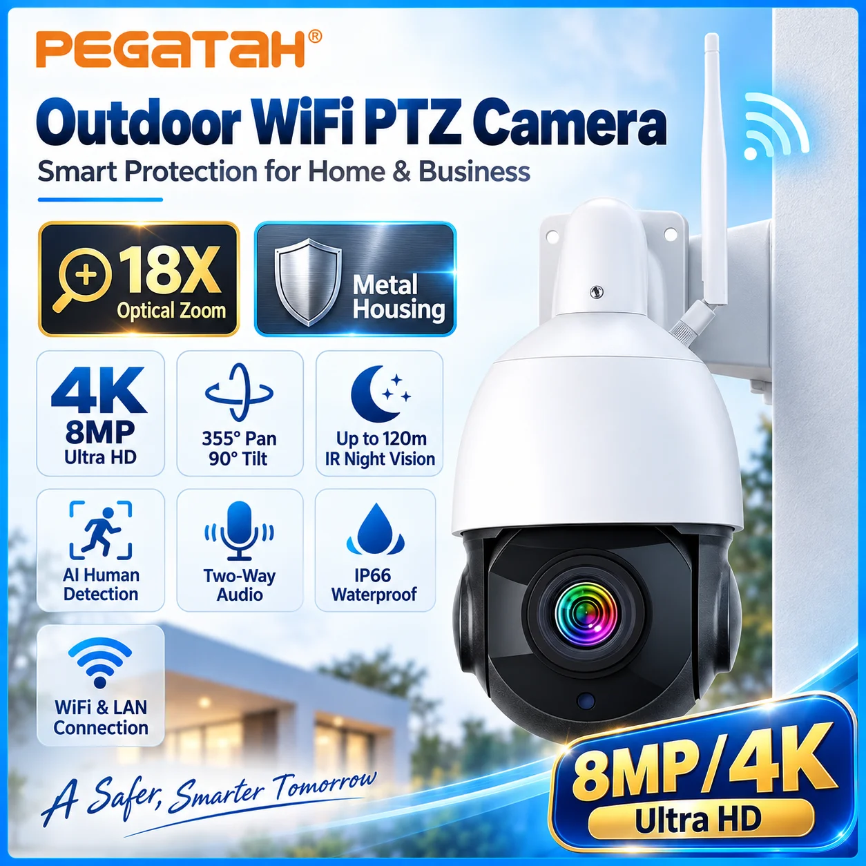 PEGATAH 4K 8MP Surveillance Camera WiFi 18X Optical Zoom Outdoor Security Camera IR Night Vison Auto Tracking Smart IP Cam ICSEE