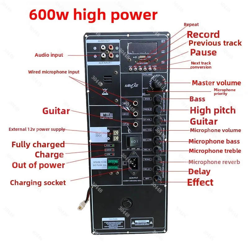 10-18 Inch Bluetooth Speaker Amplifier Board 12V Battery Powered Trolley Audio Board 600W High Power Module