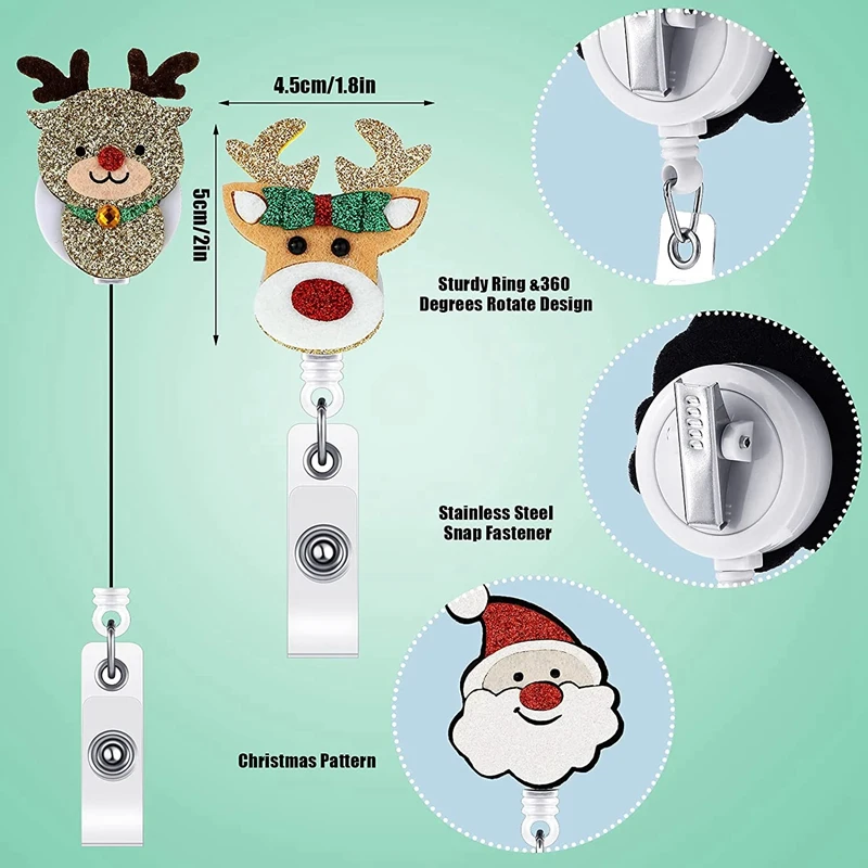 8 Pcs Christmas Badge Reel Retractable Xmas ID Badge Holder Felt Christmas Tree Reindeer Snowman Nurse Name Tag Clip