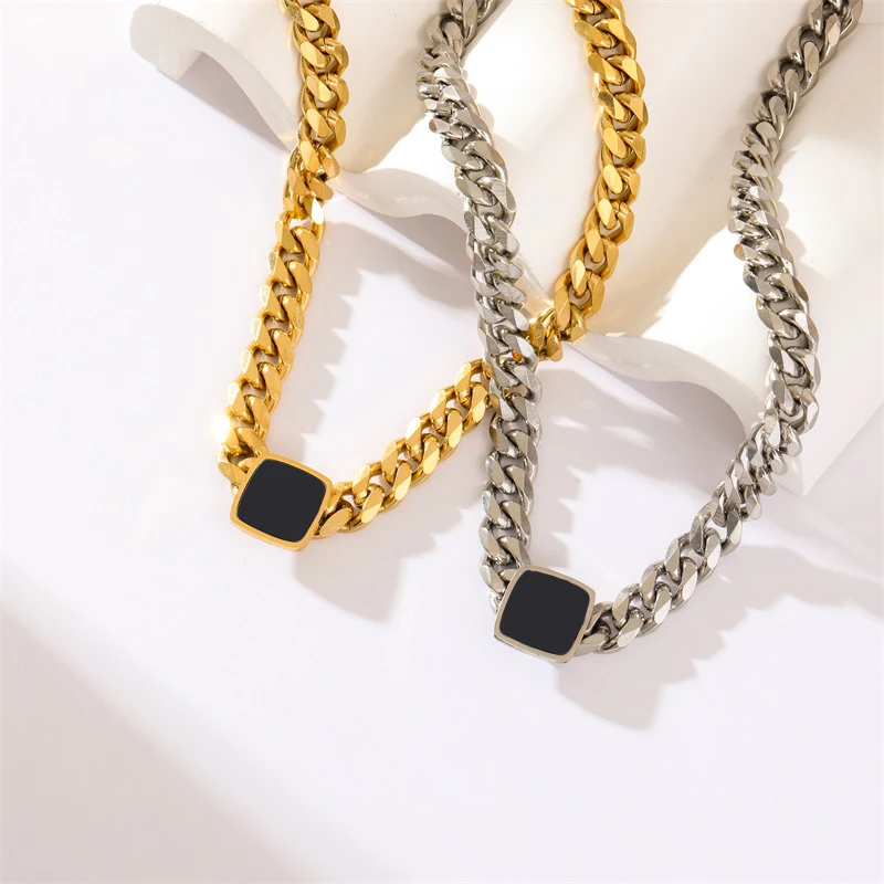 EILIECK 316L Stainless Steel Square Black Necklace For Women New Trendy Thick Neck Chain Waterproof Jewelry Gift Choker Collar