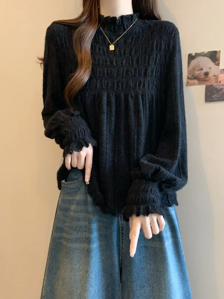 

Ele Lace Base irt Women's Semi-High Collar Spring Autumn Winter plus Size Slimming Texture Korean Sle Long Sve Top