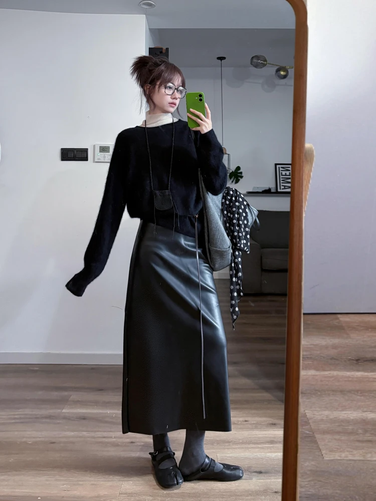 Retro High Gloss Black Straight Cut  Skirt Women's Autumn Winter Slimming PU Leather Skirt Back Slit City Commute Casual