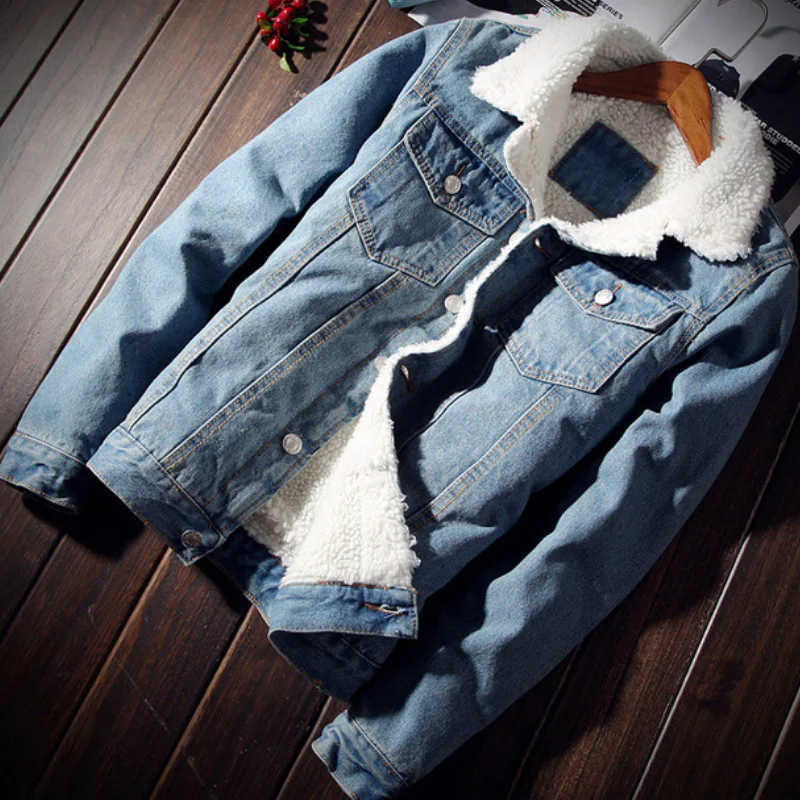 Men's Jacket Warm Fleece Coat Imitation Lamb Mens Jean Jackets Outwear Male Clothing jaquetas Plus Size 6XL Winter Denim  MY020