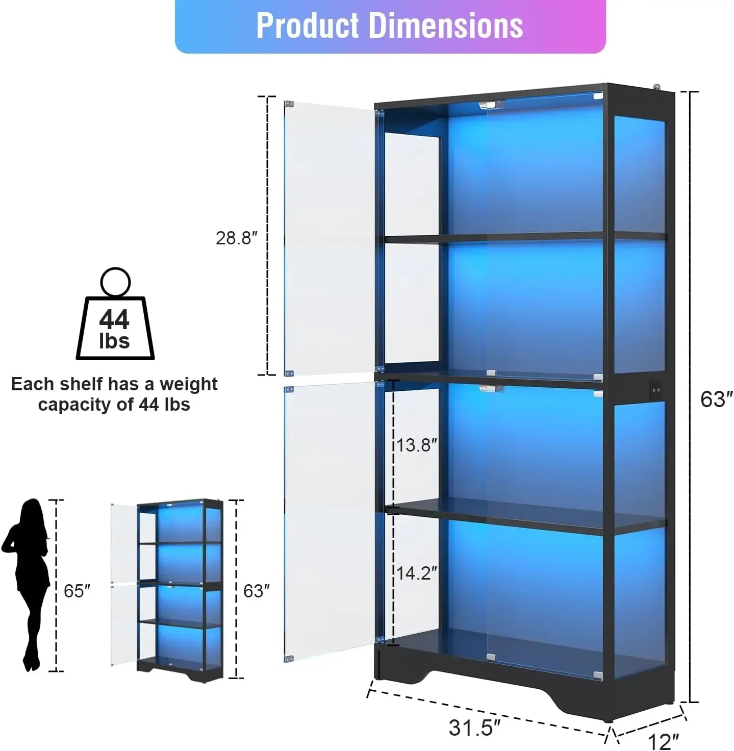 63 Inch Tall Black Glass Door Display Cabinet Human Sensor RGB LED Lights 4 Tier 15mm Thick Shelves Action Figures Collectibles