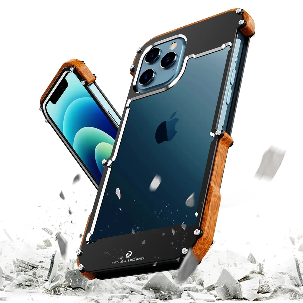 Funda de metal de carbono y madera de lujo para iPhone, carcasa de Marco blindado híbrido a prueba de golpes para modelos 15, 14, 13, 12 Pro MAX, 2024