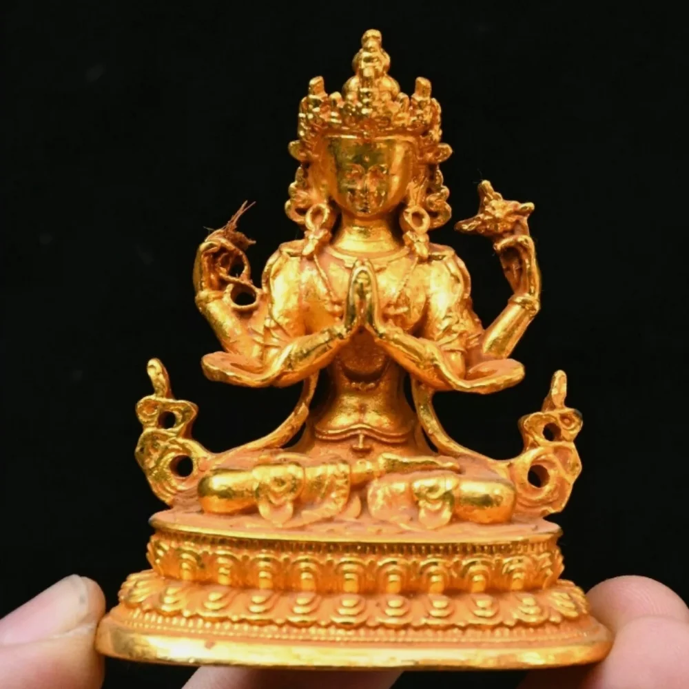 2.7''Old Bronze Gilt Buddhism 4 arms Chenrezig Avalokiteshvara Buddha Statue