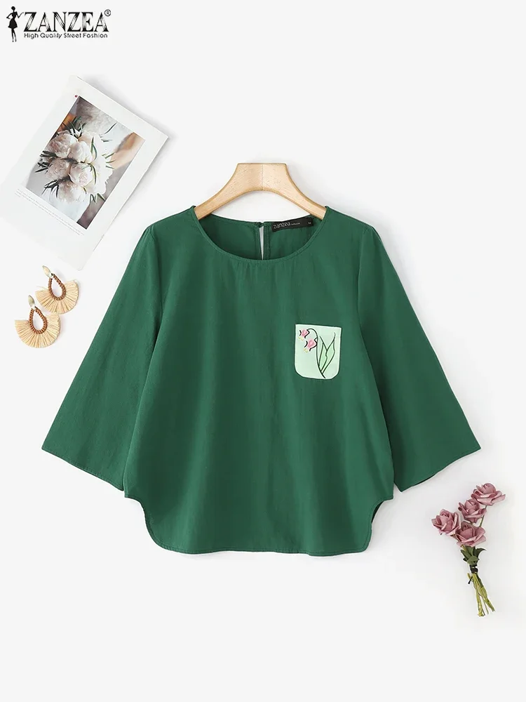 Zanzea moda feminina blusa de algodão solto impressão túnica topos 2025 outono 3/4 manga casual blusas femininas vintage senhoras camisas