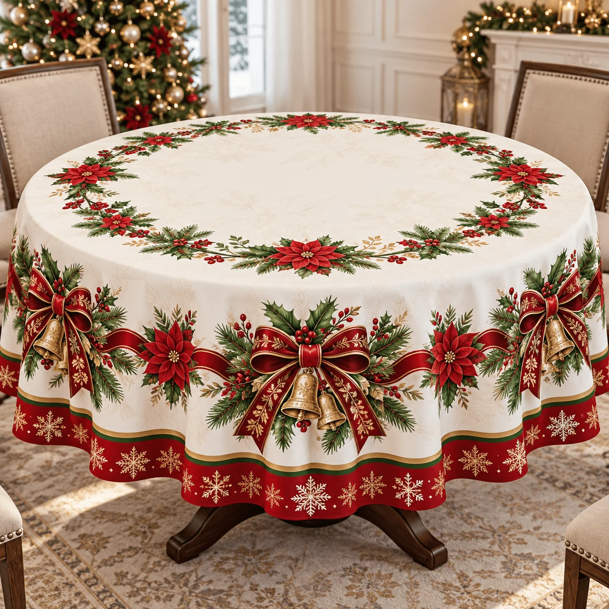 1 round tablecloth, Christmas atmosphere! Off-white background with red bow and Christmas red flower print