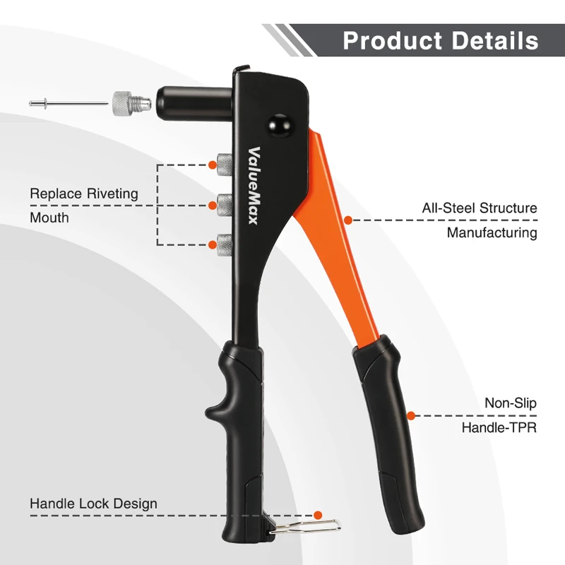 ValueMax zestaw narzędzi ręcznych Riveter profesjonalny ręczny nit pistolet narzędzie naprawy domu i DIY z 200 nity 2.4mm 3.2mm 4.0mm 4.8mm