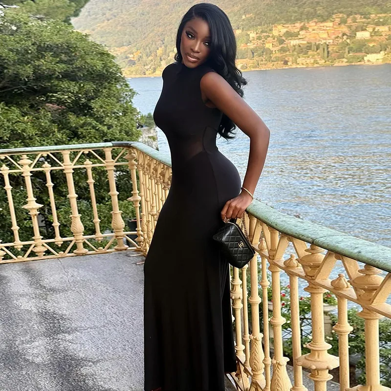 DSMTRC Coltrui Mouwloze Sexy Slanke Maxi Jurk Vrouwen Jurk Elegante Patchwork Mesh Sheer Bodycon Club Party Zwarte Lange Jurken
