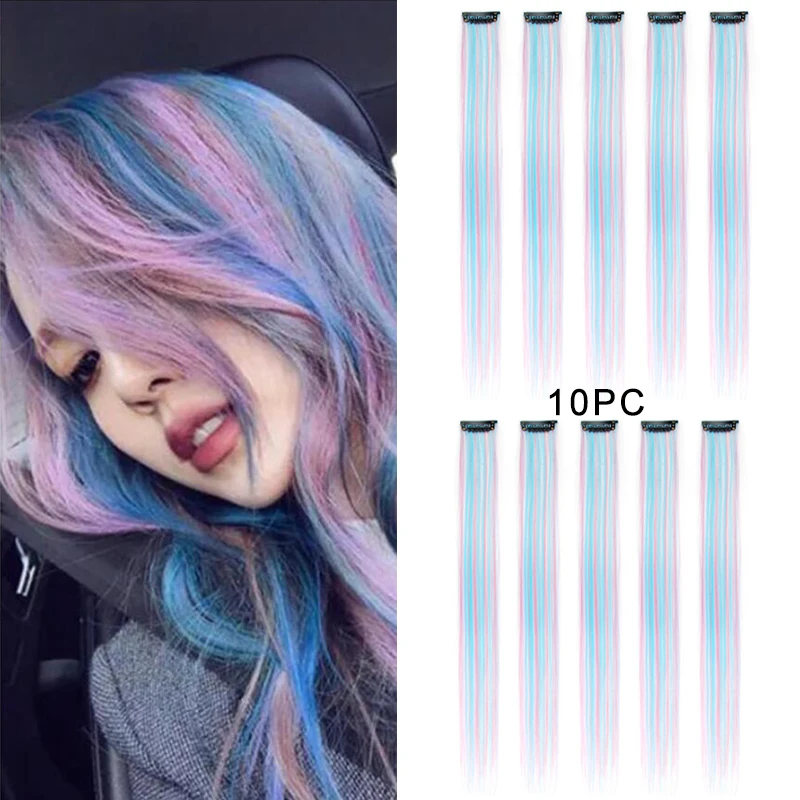 10 PCS Highlights Colored Hair Extensions Clip In Party Hair Accessories Straight Rainbow HairPiece Extensions for Girls Women