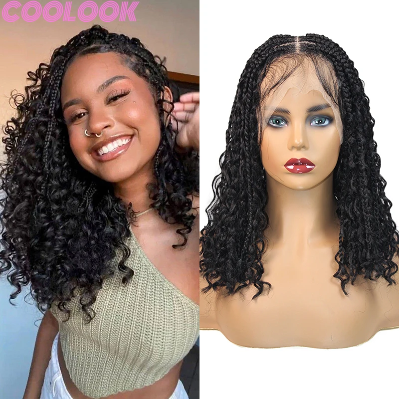 Synthetic Short Bob Braided Wigs Knotless Goddess Boho Jumbo Box Braids Full Lace Wigs 12 Inch Bohemian Curly Cornrow Braid Wigs