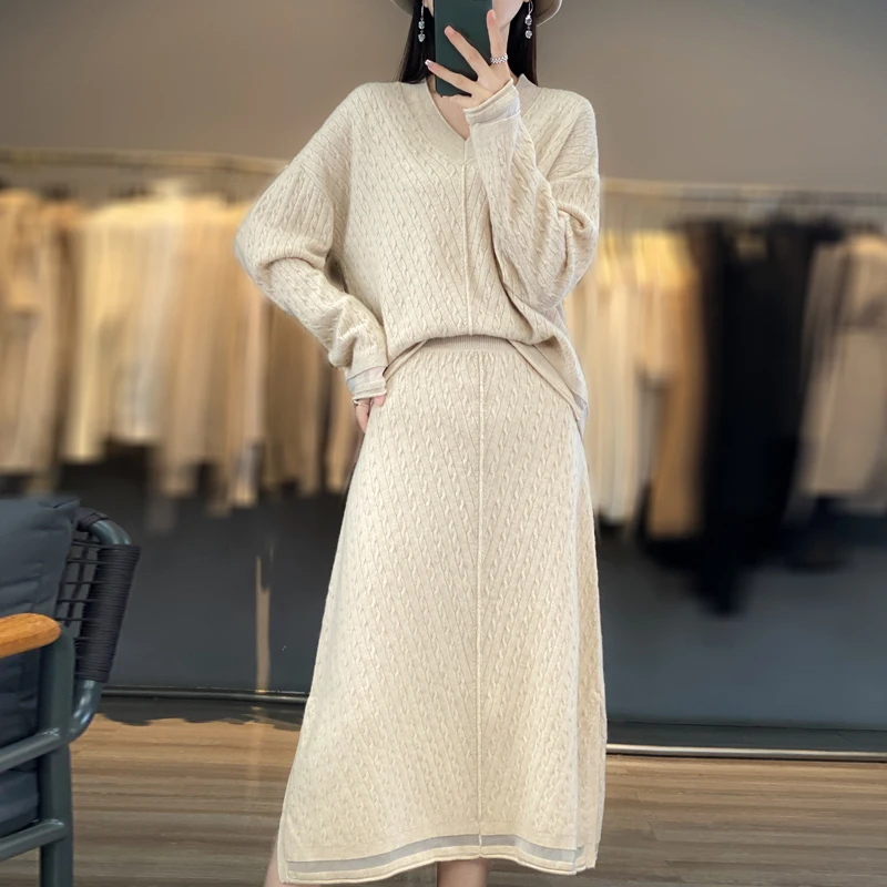 Women\'s New 100% Australian Wool Skirt Set V-Neck Long Sleeve Pullover Sweater Versatile Western Style Half Skirt Women\'s Set