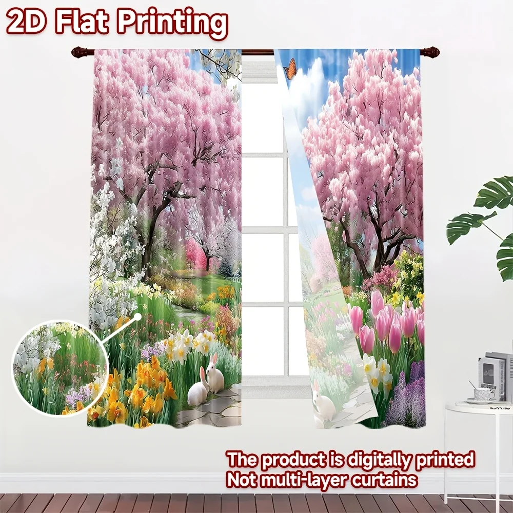 Spring Floral Cherry Tree Curtain 2 Panels, Colorful Tulip White Rabbit Butterfly Lawn Path Print Homestay Bedroom Decor Curtain