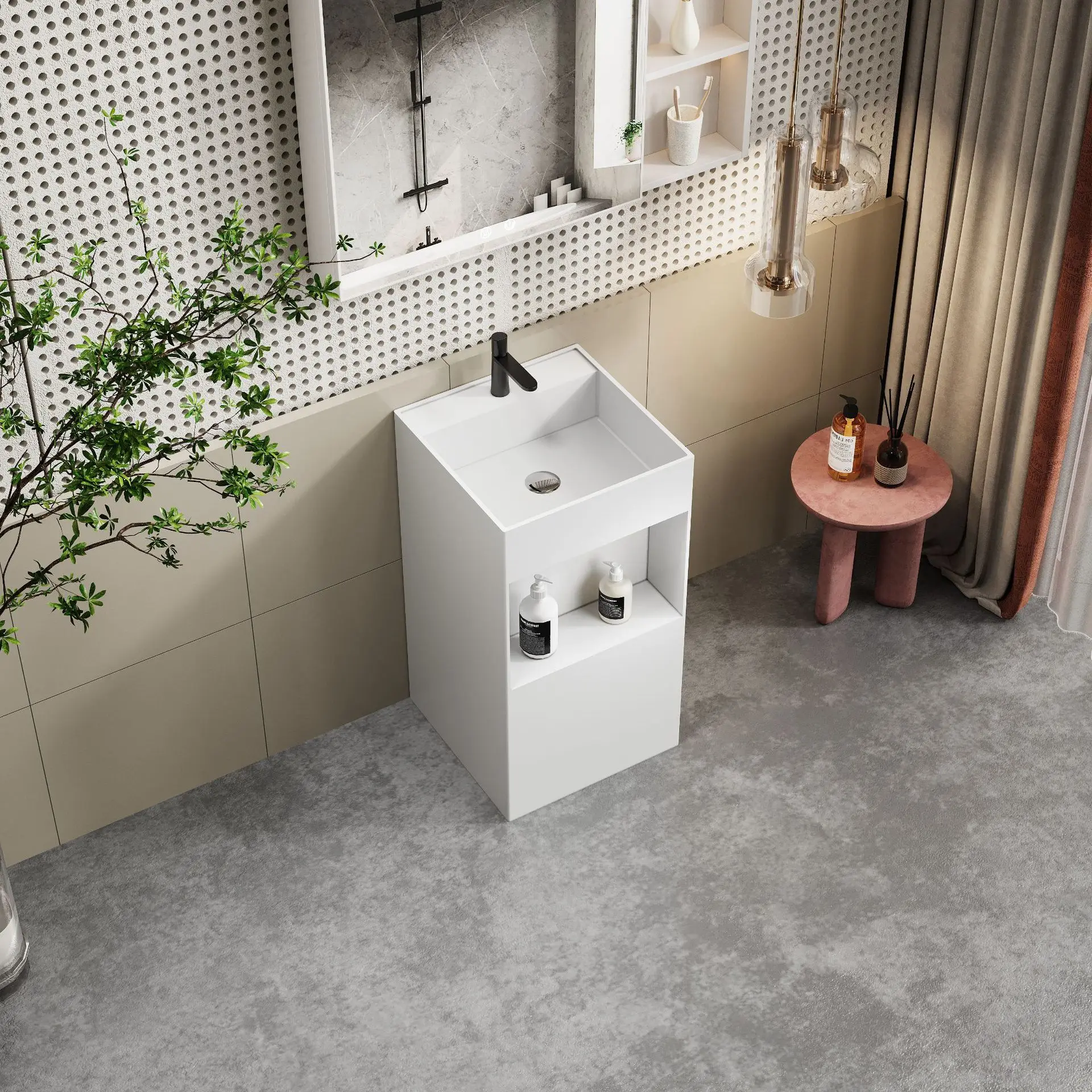 Integrated Floor-to-ceiling Artificial Stone Column Basin with Faucet Hole Storage, Wash Basin Hotel Homestay