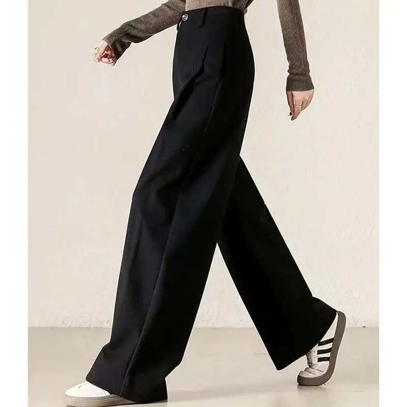 

Весенне-осенние женские широкие шерстяные брюки, женские модные шерстяные брюки с высокой талией, корейские женские повседневные свободные прямые брюки