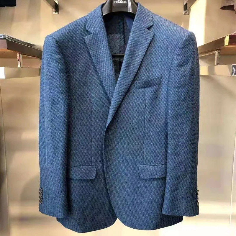 

Men's Casual Sle Wool Silk Linen Suit Jaet Stand Fit Busin Casual Summer Thin Single Button Long Sve Pure Color