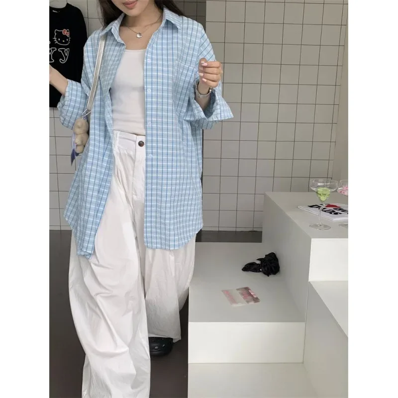 NICE Blue Plaid Sun Protection Shirt Women's Casual Loose Summer Weekend Lazy Style Open Cardigan Outerwear PPHOME Easy Weekend