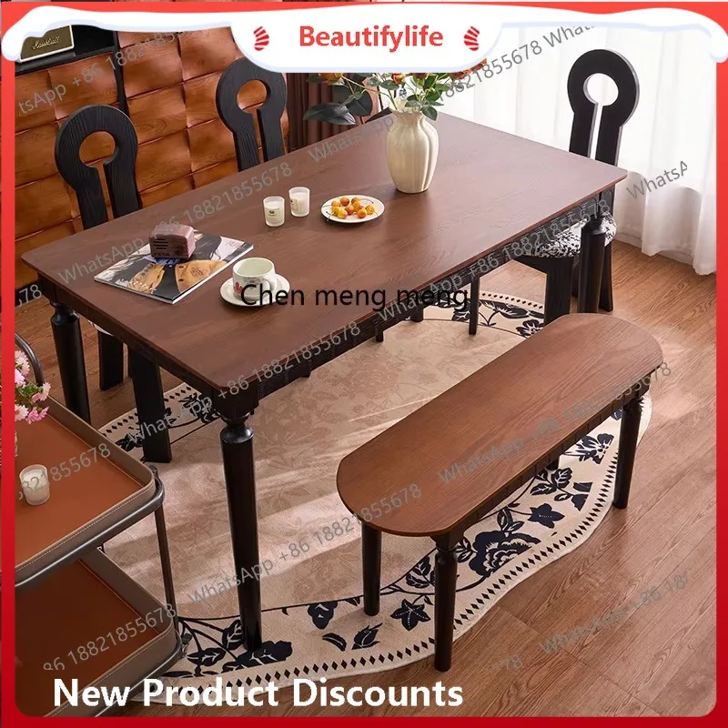 French retro solid wood dining table, chair and bench combination home restaurant rectangular dining table medieval  H