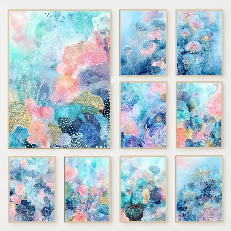 Abstraktes Aquarell Ozean Korallen Quallen Poster Pastell Küsten-Meeresleben Diamantmalerei Wandkunst für Wohnzimmer Heim-Dekoration