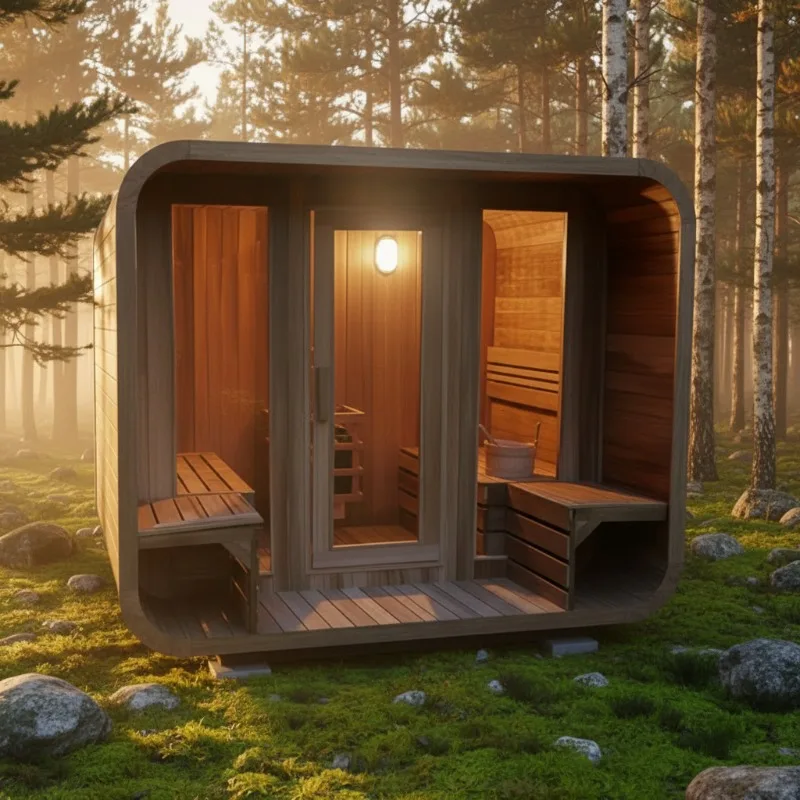 Modern Design Outdoor Cube Sauna Room Wood Dry Steam With Electric Stove Sauna 4 People