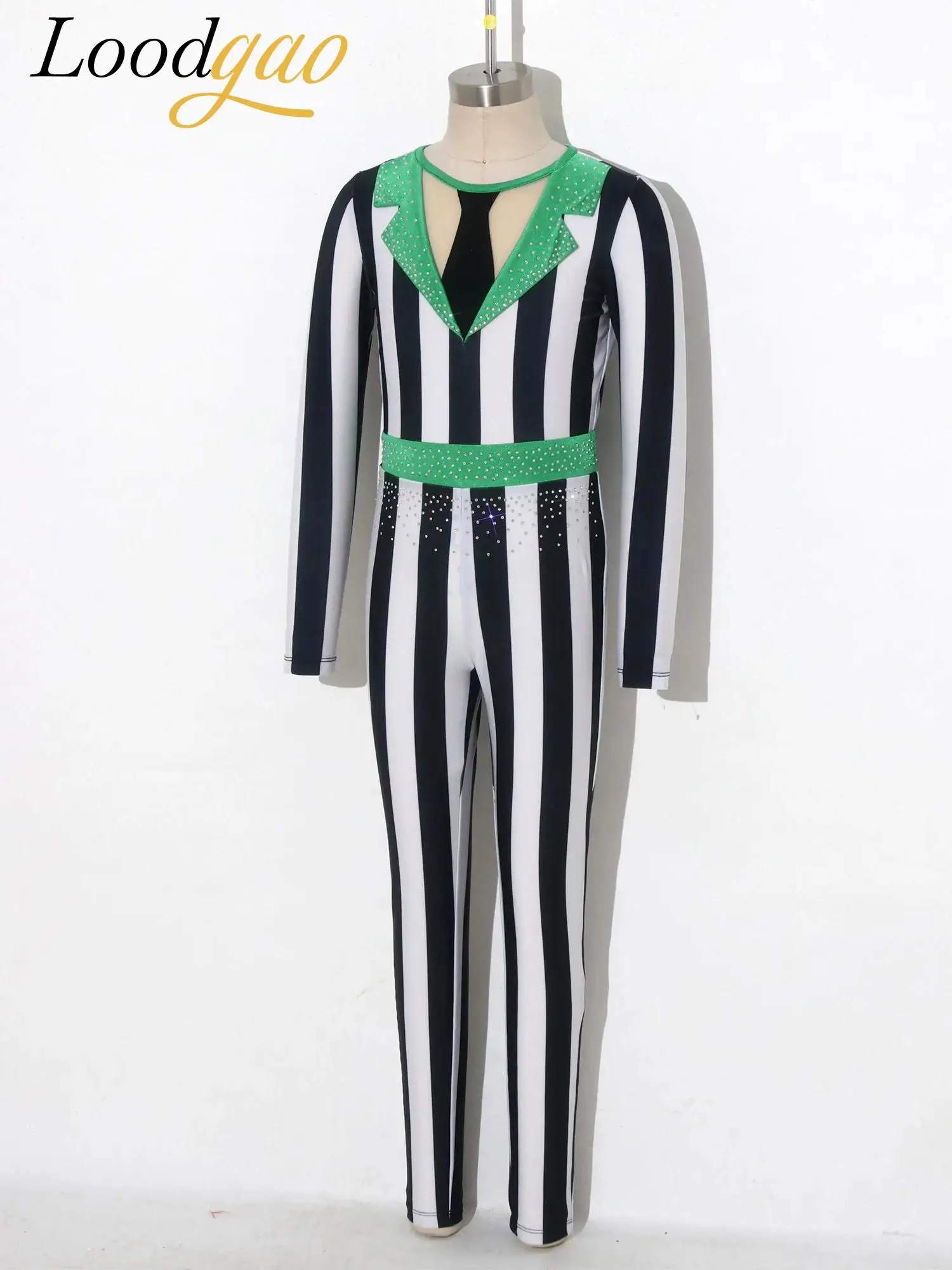Children' Shiny Rhinestone Clown Costume Girls Ballet Dance Leotard Stripe Jumpsuits Kids  Zipper Bodysuit for Halloween Party