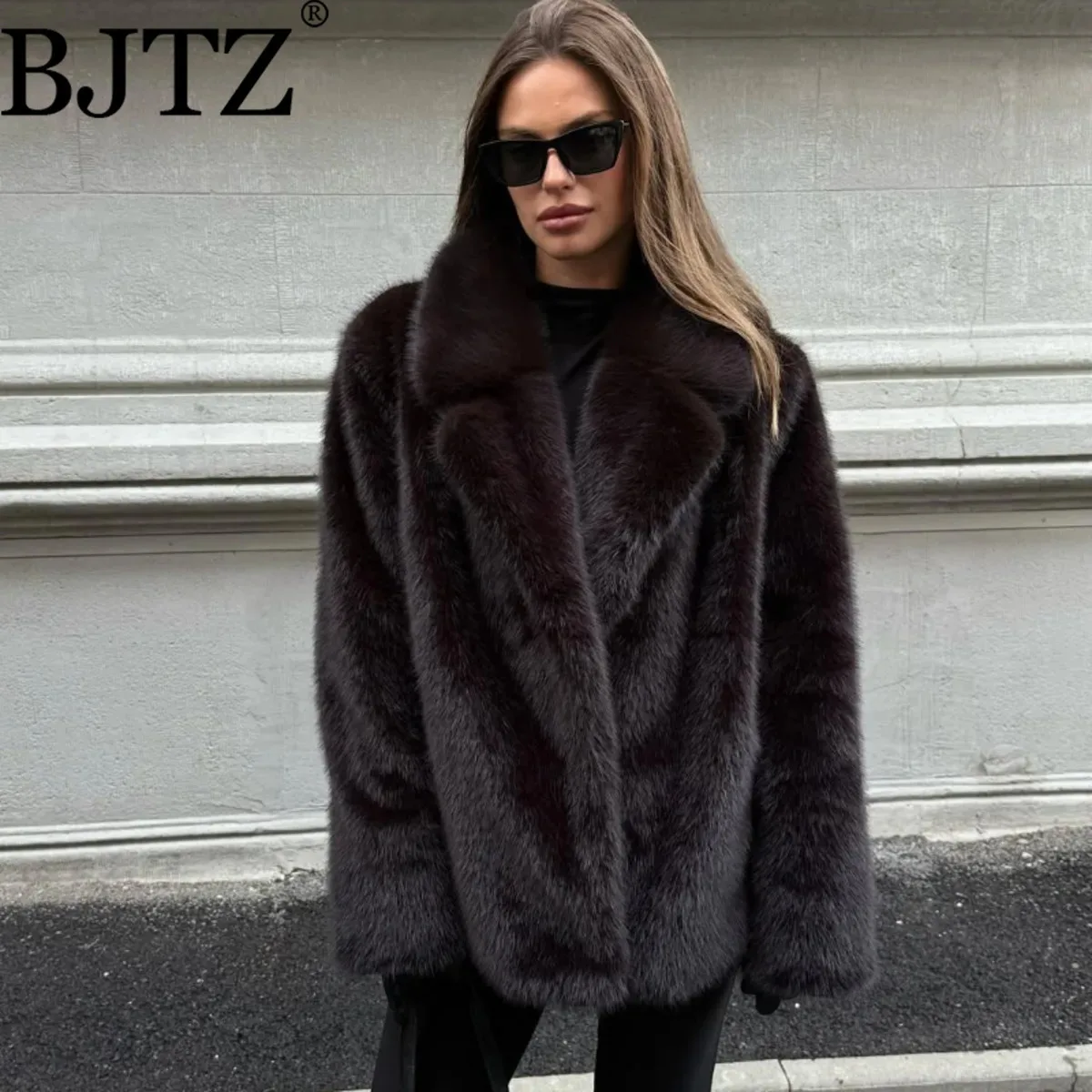 

BJTZ женская элегантная однотонная свободная зимняя куртка для отдыха, роскошное пальто с лацканами из искусственного меха, модное женское теплое пальто с мехом