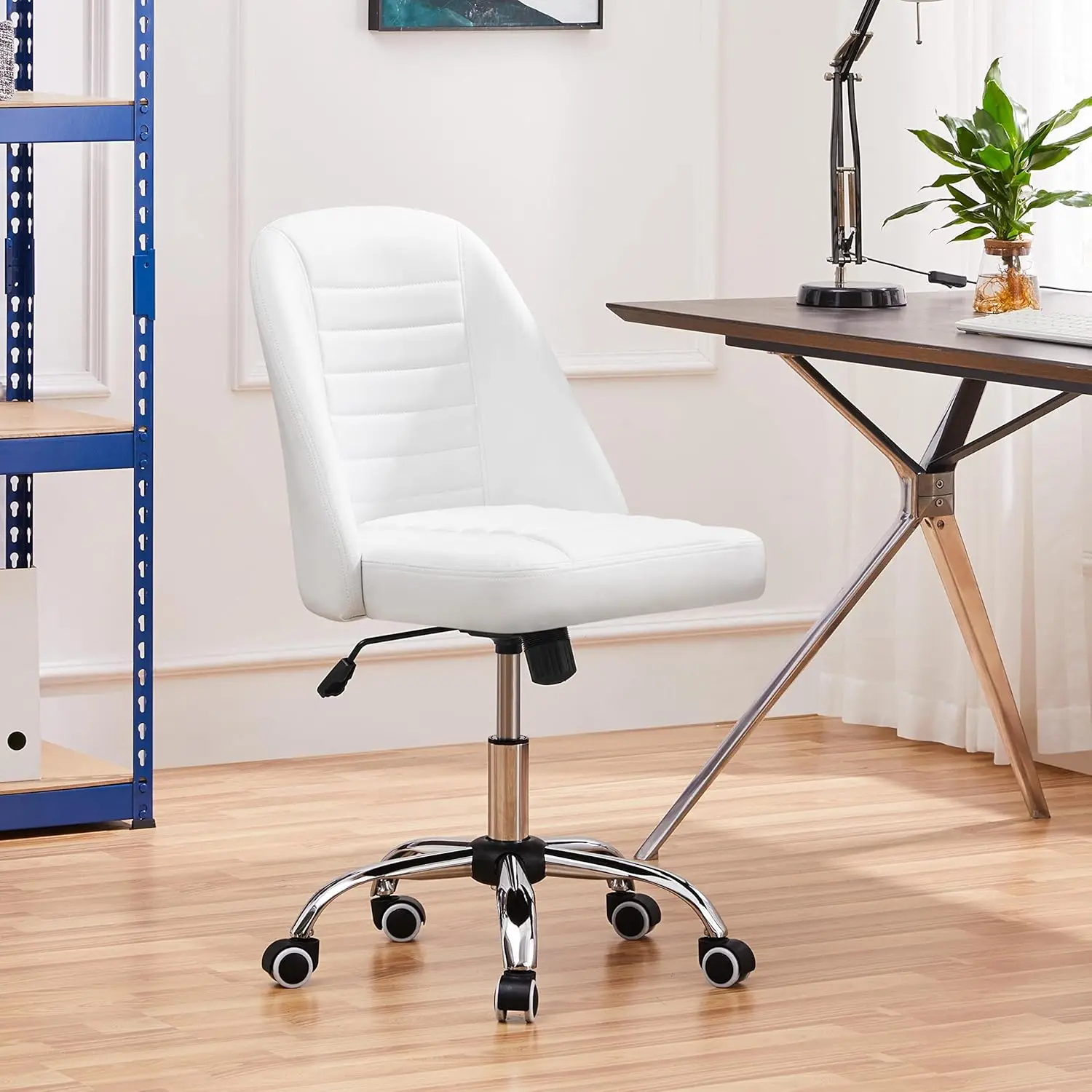 

PU Leather Armless Office Chair, Mid Back Desk Chair, Computer Task Chair, Modern Vanity Chair with Rolling Wheels, Metal Base