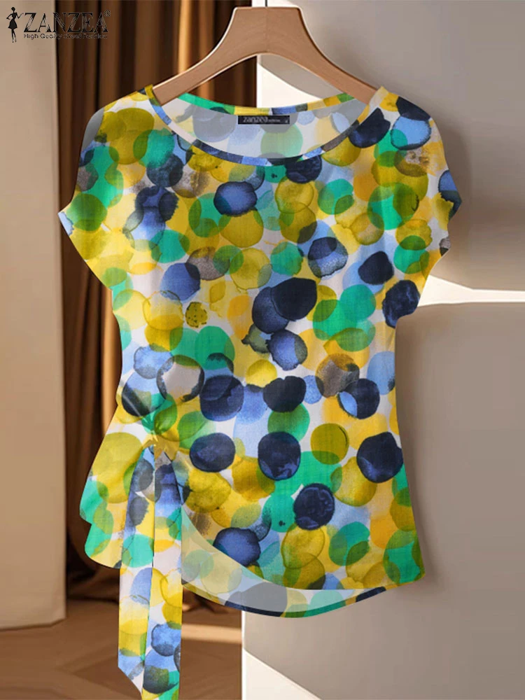 

ZANZEA Fare Sleeve Printed Tops Elegant Women Office Blouse 2025 Summer Beach Tunic Casual OL Blusas O Neck Pullover