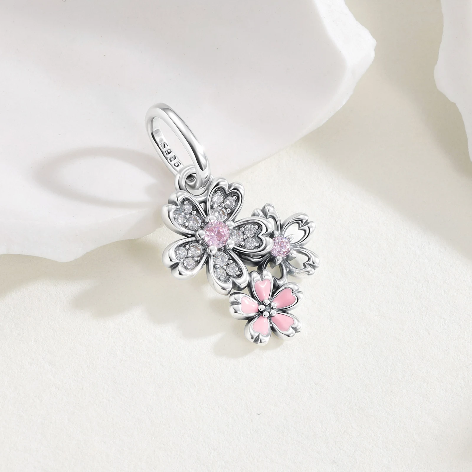 925 Sterling Silver Pink Cherry Blossom Charms Nature Pendants Fit Original Bracelets DIY Jewelry Making For Women Gifts