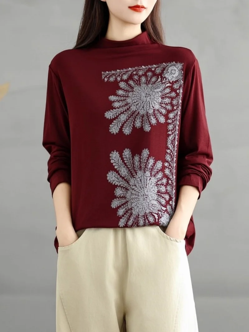 

Double Sided Velvet Base Shirt For Women's Fall Winter Half High Neck Top Casual Versatile Loose Long Sleeved Print T-Shirt w916