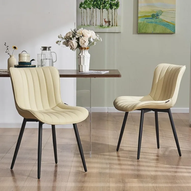 Beige Dining Chairs Set of 2 Upholstered Mid Century Modern Kitchen Chair Armless Faux Leather Side Chair with Back Metal