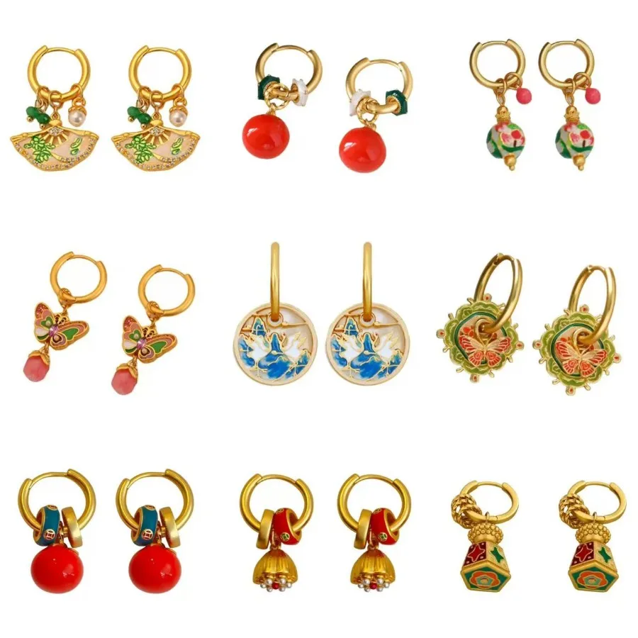 Retro Chinese-style Fashion Earrings for Women Removable Design Various Wearing Methods Gold Plated Enamel Creative Jewelry Gift