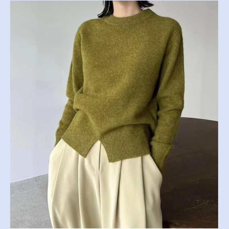 

24 year autumn and winter women's round neck extra long folded sleeve hem slit warm wool knitted sweater