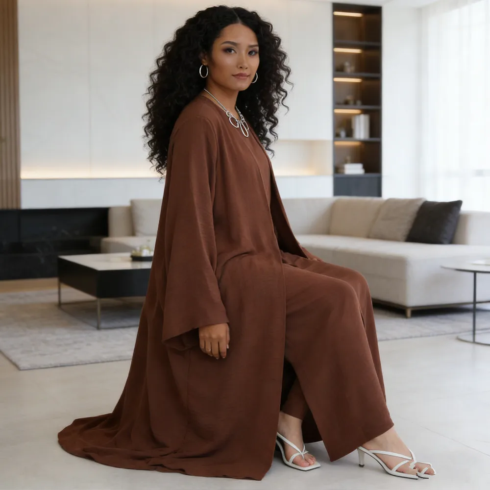 

Ramadan Muslim Sets Islamic Clothing Modest Dubai Crepe Cardigan Kimono Women Dress Abaya Pants 3PCS Femme Musulmane Ensembles