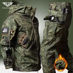 RU Camo Waterproof Sets Men Winter Shark Skin Soft Shell Hooded Jackets+Multi-pocket Cargo Pants 2 Pcs Training Fishing Suits