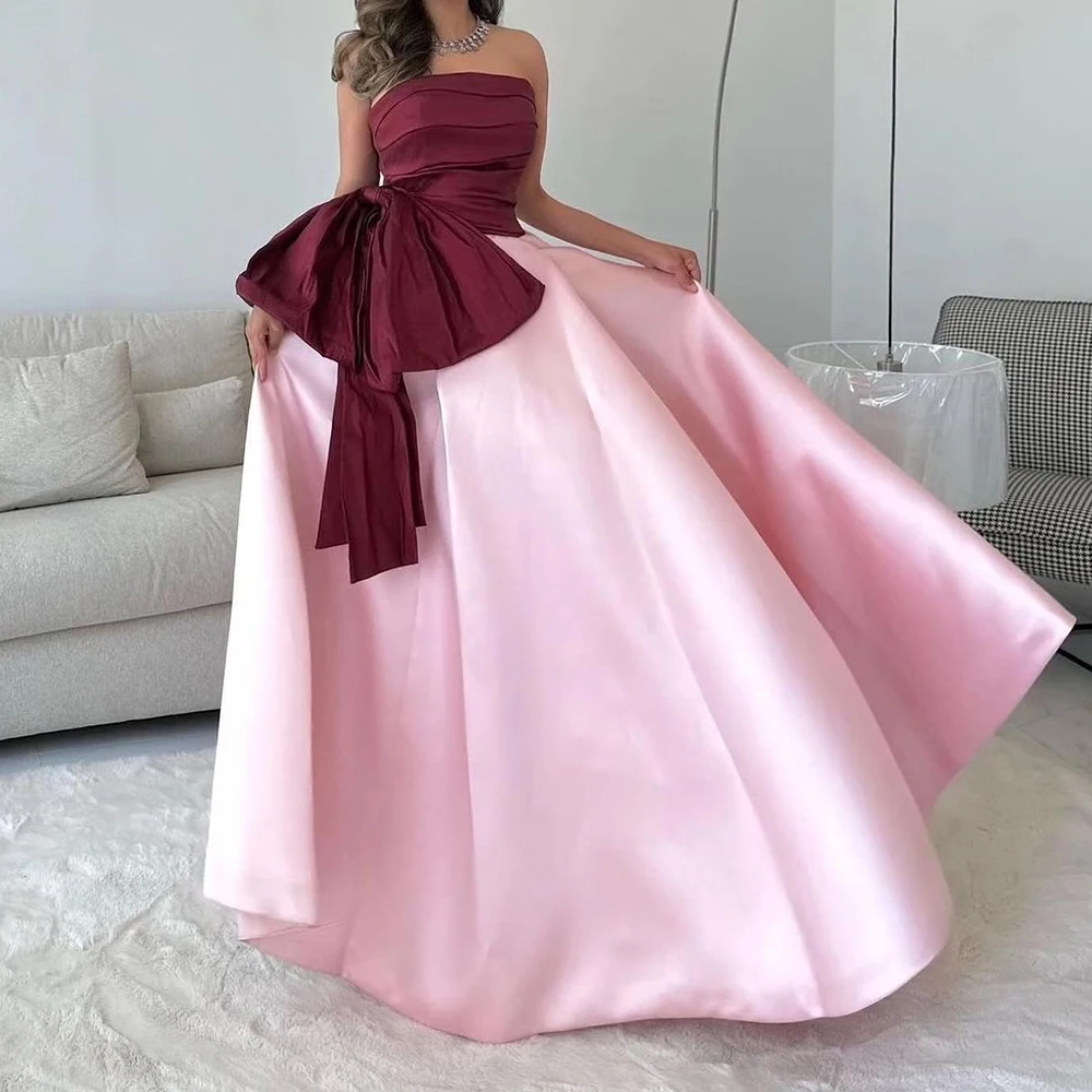 

Dubai Evening Caftan Dress Floor Length Straight Strapless Satin Sleeveless Pleats Sweep Train Dresses For Formal Occasions 2024