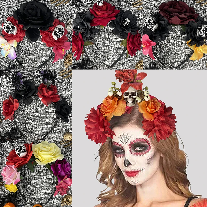 Halloween Party Hair Accessories Simulated Flower Skull Head Decorative Hair Hoop Festival Headwear Headband For Women